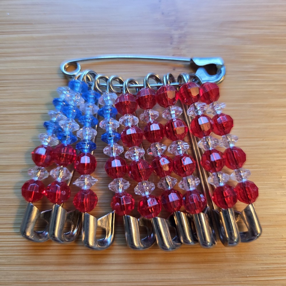 Vintage‎ Red White & Blue Beaded Safety Pin Flag Brooch July 4th Patriotic